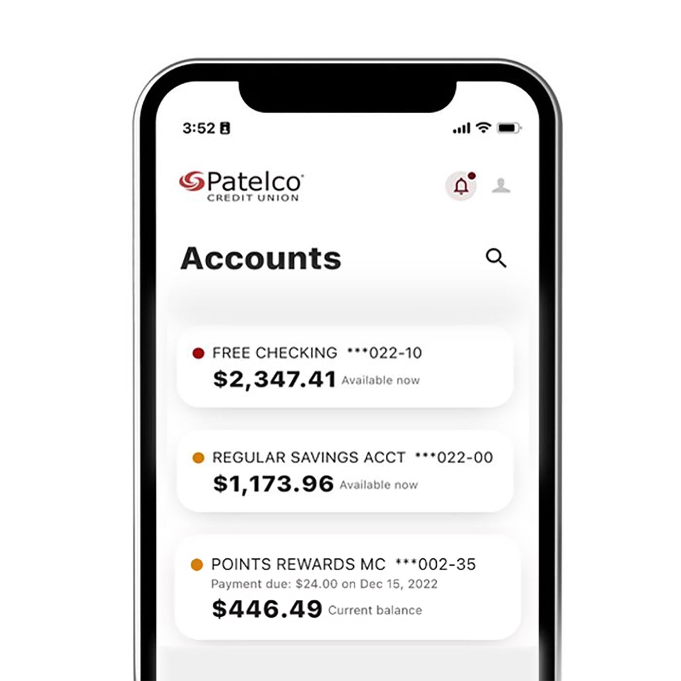 Patelco Credit Union's mobile app showing the account view