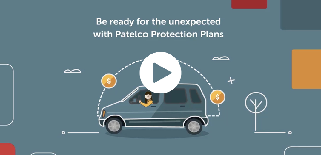 An illustration with a video play button that reads: Be ready for the unexpected with Patelco Protection Plans.