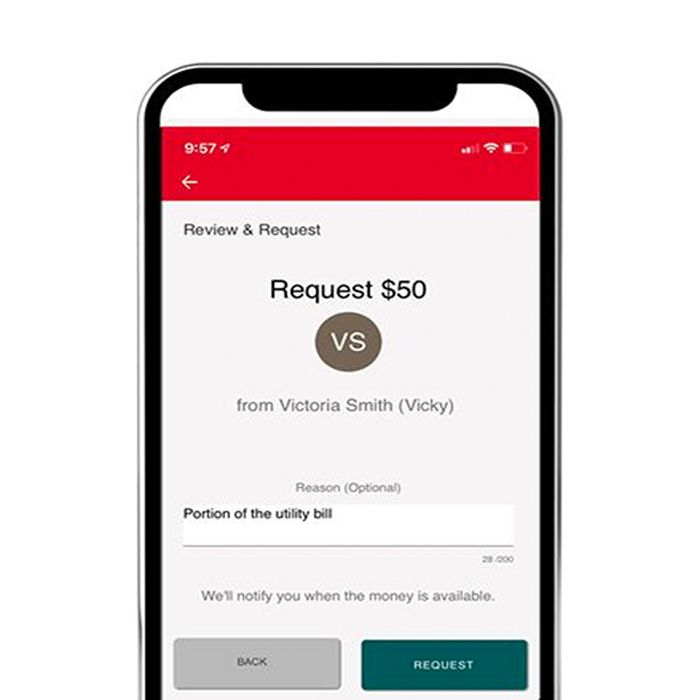 Screenshot of a Patelco member requesting money from a friend through Zelle on the Patelco Mobile App.