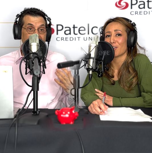 Patelco employees Michele Enriquez and Walid Hissen at the podcast desk