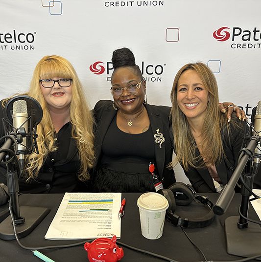 Patelco employees Michele Enriquez, Jesslyn Flentroy and Ginger Smith at the podcast desk
