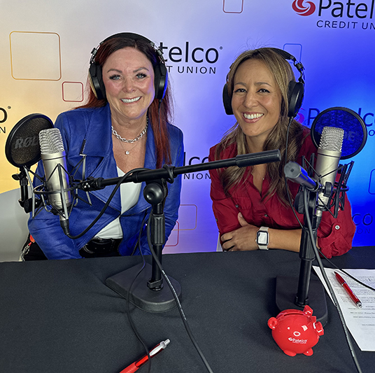 Patelco employees Michele Enriquez and Patelco President & CEO Erin Mendez at the podcast desk