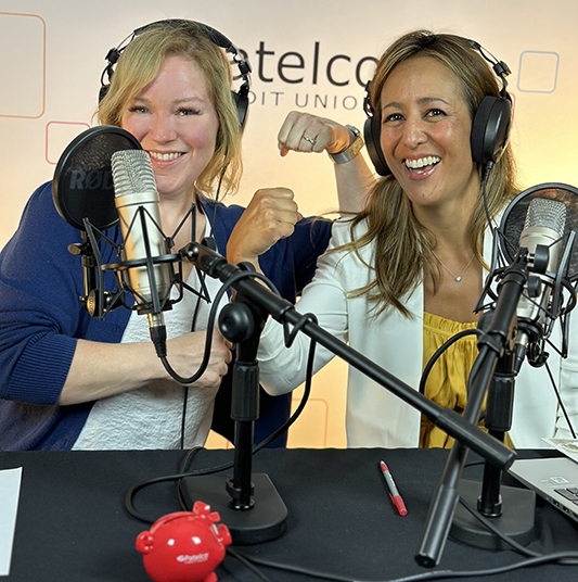 Patelco employees Michele Enriquez and Tiffany Keiffer at the podcast desk