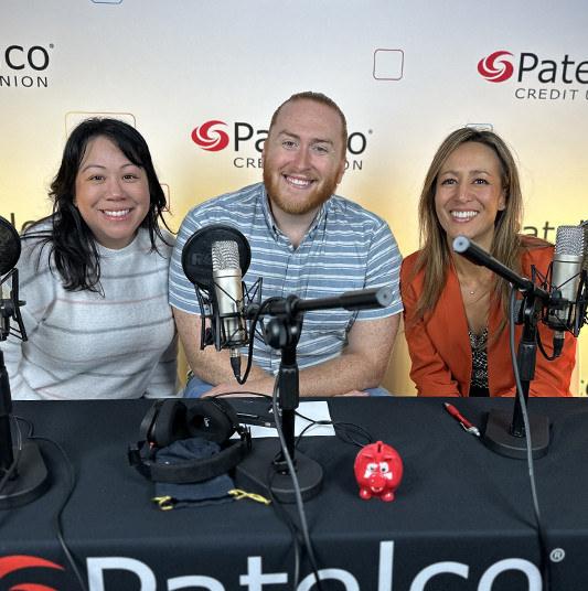 Patelco employees Michele Enriquez, Andrew Farrell and Kristi Longoria at the podcast desk.