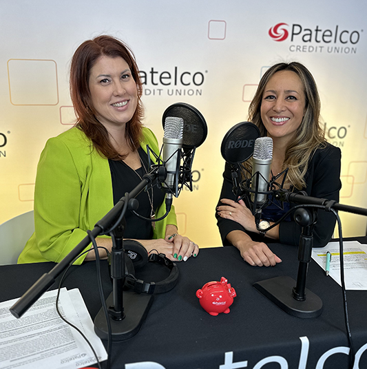 Patelco employees Michele Enriquez and Kelley Young at the podcast desk