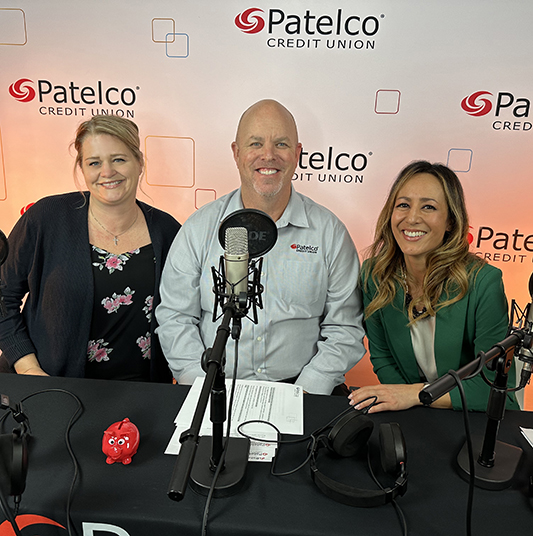 Patelco Employees Jennifer Mink, Richard Rantz, and Michele Enriquez at the podcast desk.