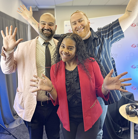 Patelco Employees Andrew Farrell, Jamese Stallworth and Kamran Hazemi in the podcast studio.
