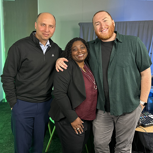 Patelco Employees Andrew Farrell, Danielle Lowe-Robinson, and Alok Bhakshi in the podcast studio.