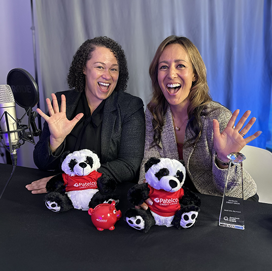 Patelco Employees Michele Enriquez and Aimee Jackson in the podcast studio.