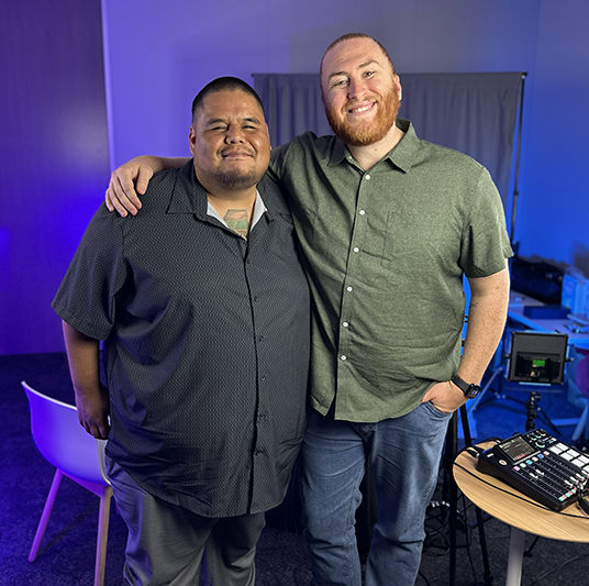 Patelco Employees Joaquin Jacques and Andrew Farrell in the podcast studio.